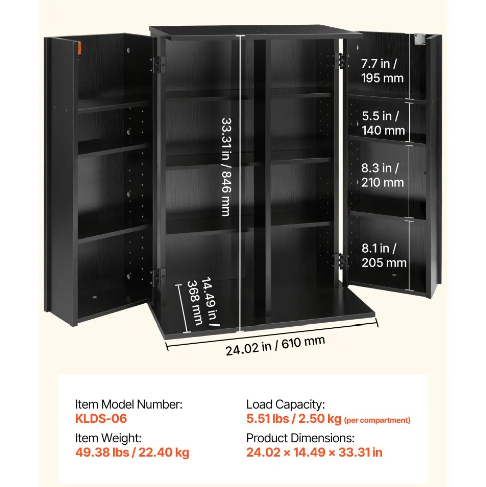 VEVOR Media Storage Cabinet, 7-Tier DVD Shelf Organizer, 27.56 x 11.81 x 55.12 in Multimedia Storage Organizer for CDs, DVDs, Books and Games, CD Shelf for Living Room, Home Office, Recording Room