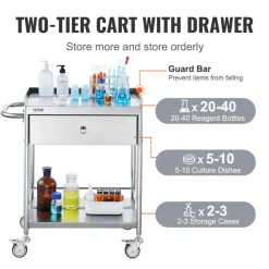 VEVOR Medical Cart, 2-Layer Stainless Steel Cart 220 lbs Weight Capacity, Lab Utility Cart with 360° Silent Wheels and a Drawer for Lab, Clinic, Kitchen, Salon