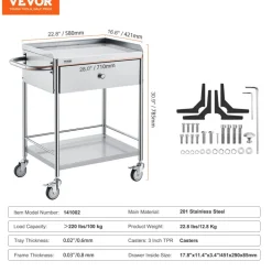 VEVOR Medical Cart, 2-Layer Stainless Steel Cart 220 lbs Weight Capacity, Lab Utility Cart with 360° Silent Wheels and a Drawer for Lab, Clinic, Kitchen, Salon