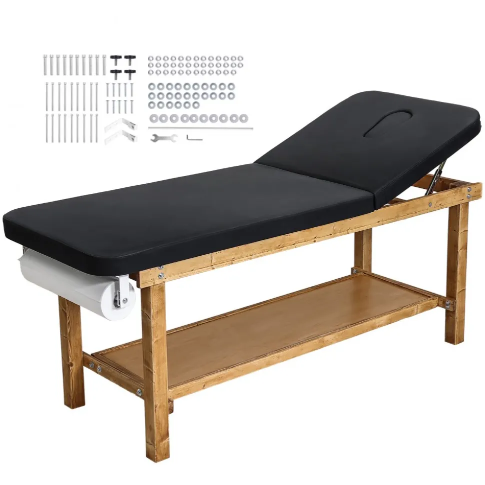VEVOR Medical Exam Table, Wooden Framed Medical Examination Bed, Physical Therapy Exam Table with Adjustable Backrest, Storage Shelf & Paper Roll Dispenser for Hospitals Clinics Rehab Centers, 500LBS