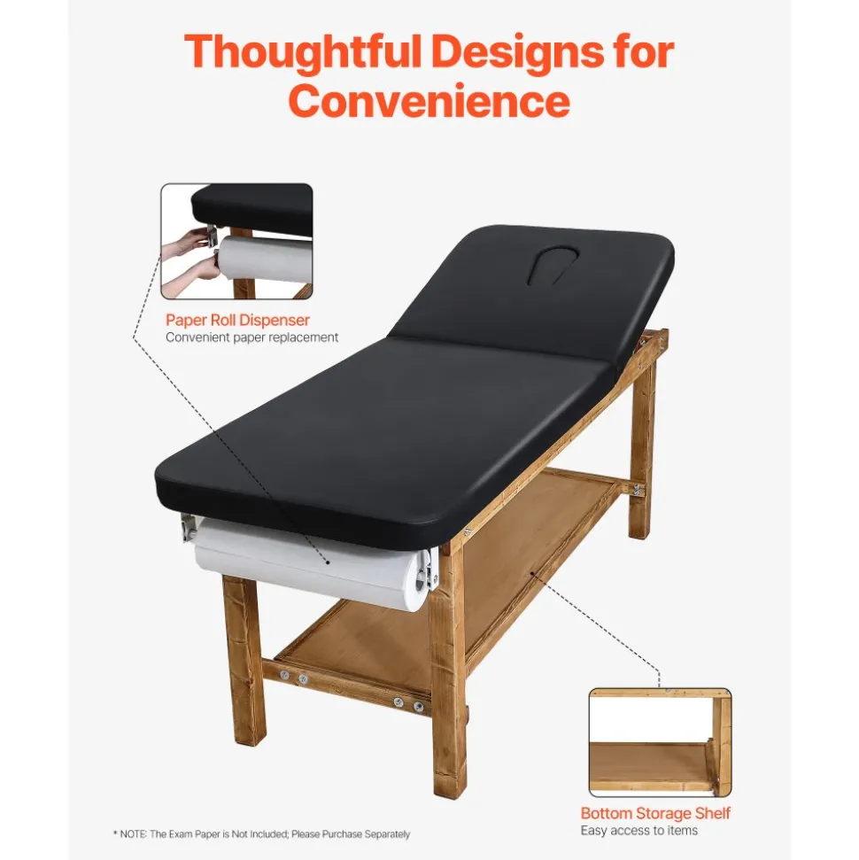 VEVOR Medical Exam Table, Wooden Framed Medical Examination Bed, Physical Therapy Exam Table with Adjustable Backrest, Storage Shelf & Paper Roll Dispenser for Hospitals Clinics Rehab Centers, 500LBS