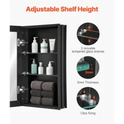 VEVOR Medicine Cabinet, 14 x 24 inches, Medicine Cabinet for Bathroom with Mirror, Aluminum Frame Bathroom Wall Cabinet, 2-layer Adjustable Shelves, Recessed & Wall-mounted Installation