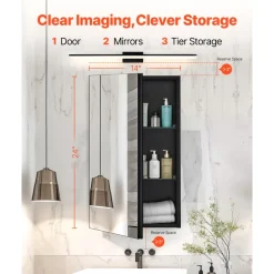 VEVOR Medicine Cabinet, 14 x 24 inches, Medicine Cabinet for Bathroom with Mirror, Aluminum Frame Bathroom Wall Cabinet, 2-layer Adjustable Shelves, Recessed & Wall-mounted Installation