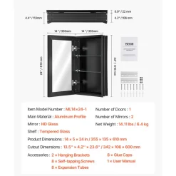 VEVOR Medicine Cabinet, 14 x 24 inches, Medicine Cabinet for Bathroom with Mirror, Aluminum Frame Bathroom Wall Cabinet, 2-layer Adjustable Shelves, Recessed & Wall-mounted Installation