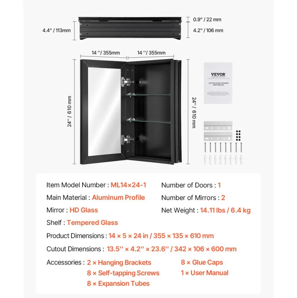 VEVOR Medicine Cabinet, 14 x 24 inches, Medicine Cabinet for Bathroom with Mirror, Aluminum Frame Bathroom Wall Cabinet, 2-layer Adjustable Shelves, Recessed & Wall-mounted Installation