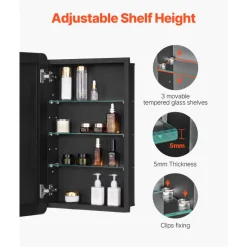 VEVOR Medicine Cabinet, 16.5 x 27.5 inch, Medicine Cabinet for Bathroom with Mirror, Aluminum Frame Bathroom Wall Cabinet, 3-layer Adjustable Shelves, Recessed & Wall-mounted Installation