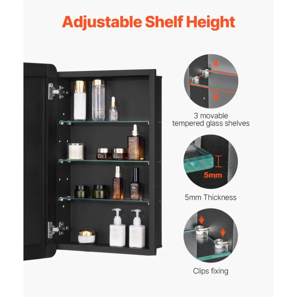 VEVOR Medicine Cabinet, 16.5 x 27.5 inch, Medicine Cabinet for Bathroom with Mirror, Aluminum Frame Bathroom Wall Cabinet, 3-layer Adjustable Shelves, Recessed & Wall-mounted Installation
