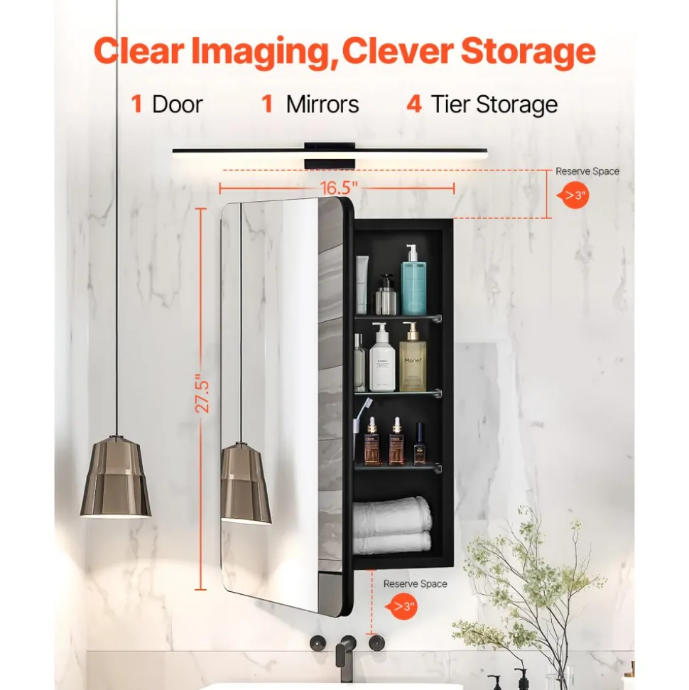 VEVOR Medicine Cabinet, 16.5 x 27.5 inch, Medicine Cabinet for Bathroom with Mirror, Aluminum Frame Bathroom Wall Cabinet, 3-layer Adjustable Shelves, Recessed & Wall-mounted Installation