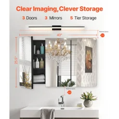 VEVOR Medicine Cabinet, 25.5 x 40 inch, Medicine Cabinet for Bathroom with Mirror, Aluminum Frame Bathroom Wall Cabinet, 4-layer Adjustable Shelves, Recessed & Wall-mounted Installation