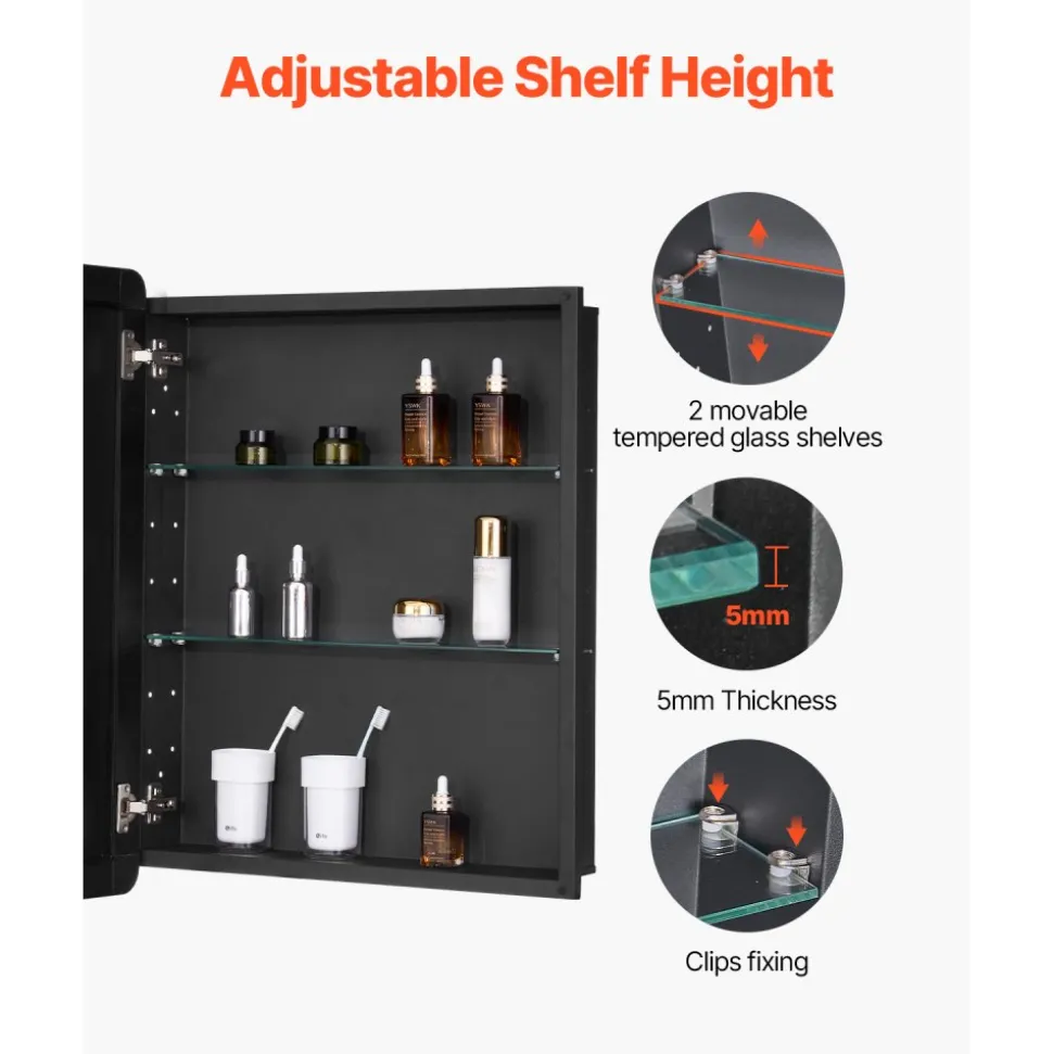 VEVOR Medicine Cabinet, 24 x 30 inch, Medicine Cabinet for Bathroom with Mirror, Aluminum Frame Bathroom Wall Cabinet, 2-layer Adjustable Shelves, Recessed & Wall-mounted Installation