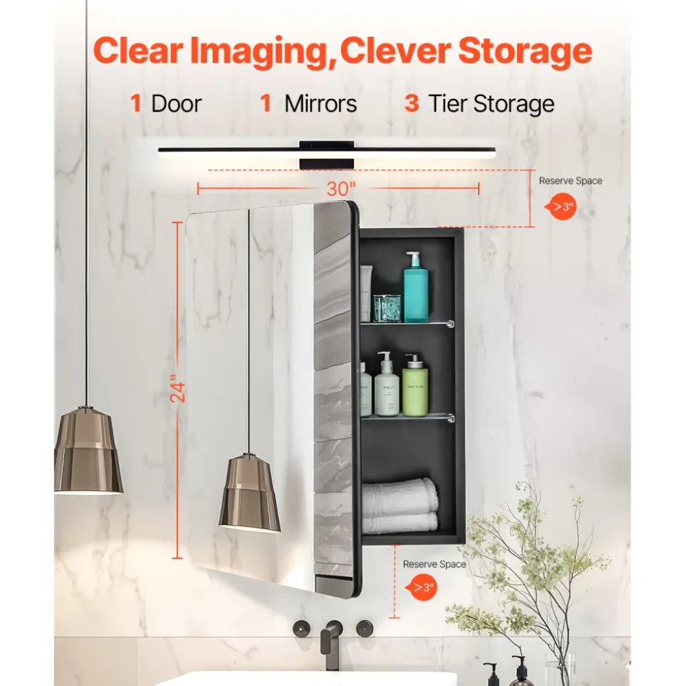 VEVOR Medicine Cabinet, 24 x 30 inch, Medicine Cabinet for Bathroom with Mirror, Aluminum Frame Bathroom Wall Cabinet, 2-layer Adjustable Shelves, Recessed & Wall-mounted Installation