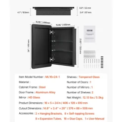 VEVOR Medicine Cabinet, 16 x 24 inch, Medicine Cabinet for Bathroom with Mirror,  Aluminum Frame Bathroom Wall Cabinet, 2-layer Adjustable Shelves, Recessed & Wall-mounted Installation