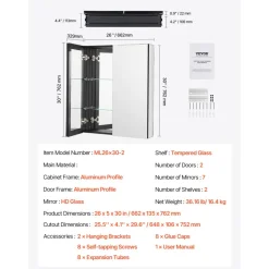 VEVOR Medicine Cabinet, 26 x 30 inch, Medicine Cabinet for Bathroom with Mirror,  Aluminum Frame Bathroom Wall Cabinet, 2-layer Adjustable Shelves, Recessed & Wall-mounted Installation