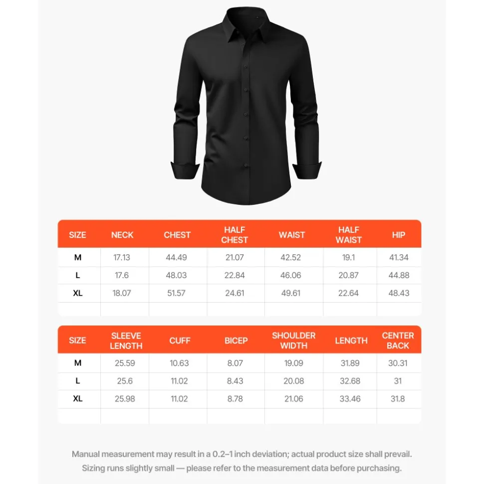 VEVOR Men's Button Up Shirt, Mens Long Sleeve Wrinkle-free Button Down Dress Shirts, Slim Fit Soft Stretch Fabric for Business Casual or Formal, Work, Wedding, Dinner, Black, XL Size