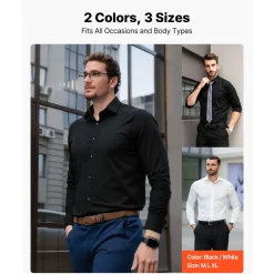 VEVOR Men's Button Up Shirt, Mens Long Sleeve Wrinkle-free Button Down Dress Shirts, Slim Fit Soft Stretch Fabric for Business Casual or Formal, Work, Wedding, Dinner, Black, XL Size