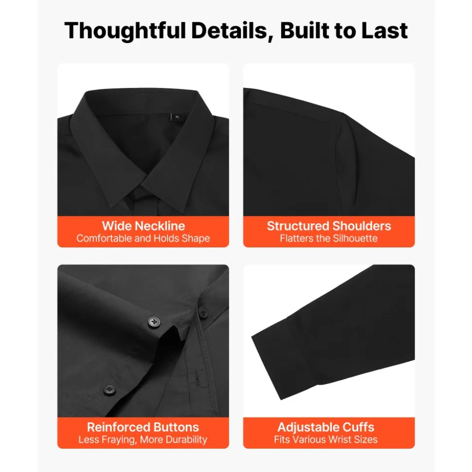 VEVOR Men's Button Up Shirt, Mens Long Sleeve Wrinkle-free Button Down Dress Shirts, Slim Fit Soft Stretch Fabric for Business Casual or Formal, Work, Wedding, Dinner, Black, XL Size