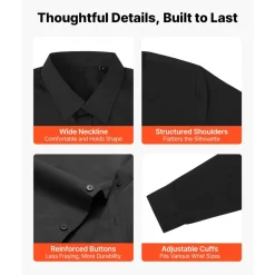 VEVOR Men's Button Up Shirt, Mens Long Sleeve Wrinkle-free Button Down Dress Shirts, Slim Fit Soft Stretch Fabric for Business Casual or Formal, Work, Wedding, Dinner, Black, M Size