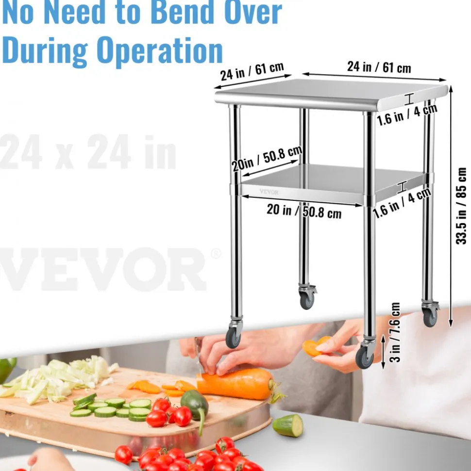 VEVOR Mesa de preparación de acero inoxidable, 24 x 24 x 36 pulgadas, capacidad de carga de 600 libras, mesa de trabajo de metal resistente con estante inferior ajustable y ruedas universales, estació