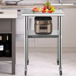 VEVOR Mesa de preparación de acero inoxidable, 24 x 24 x 36 pulgadas, capacidad de carga de 600 libras, mesa de trabajo de metal resistente con estante inferior ajustable y ruedas universales, estació
