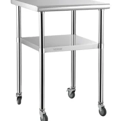 VEVOR Mesa de preparación de acero inoxidable, 24 x 24 x 36 pulgadas, capacidad de carga de 600 libras, mesa de trabajo de metal resistente con estante inferior ajustable y ruedas universales, estació