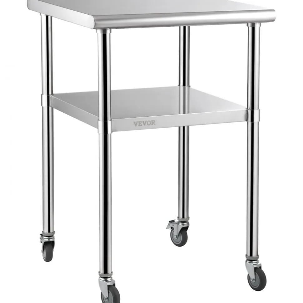VEVOR Mesa de preparación de acero inoxidable, 24 x 24 x 36 pulgadas, capacidad de carga de 600 libras, mesa de trabajo de metal resistente con estante inferior ajustable y ruedas universales, estació
