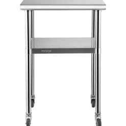 VEVOR Mesa de preparación de acero inoxidable, 24 x 24 x 36 pulgadas, capacidad de carga de 600 libras, mesa de trabajo de metal resistente con estante inferior ajustable y ruedas universales, estació