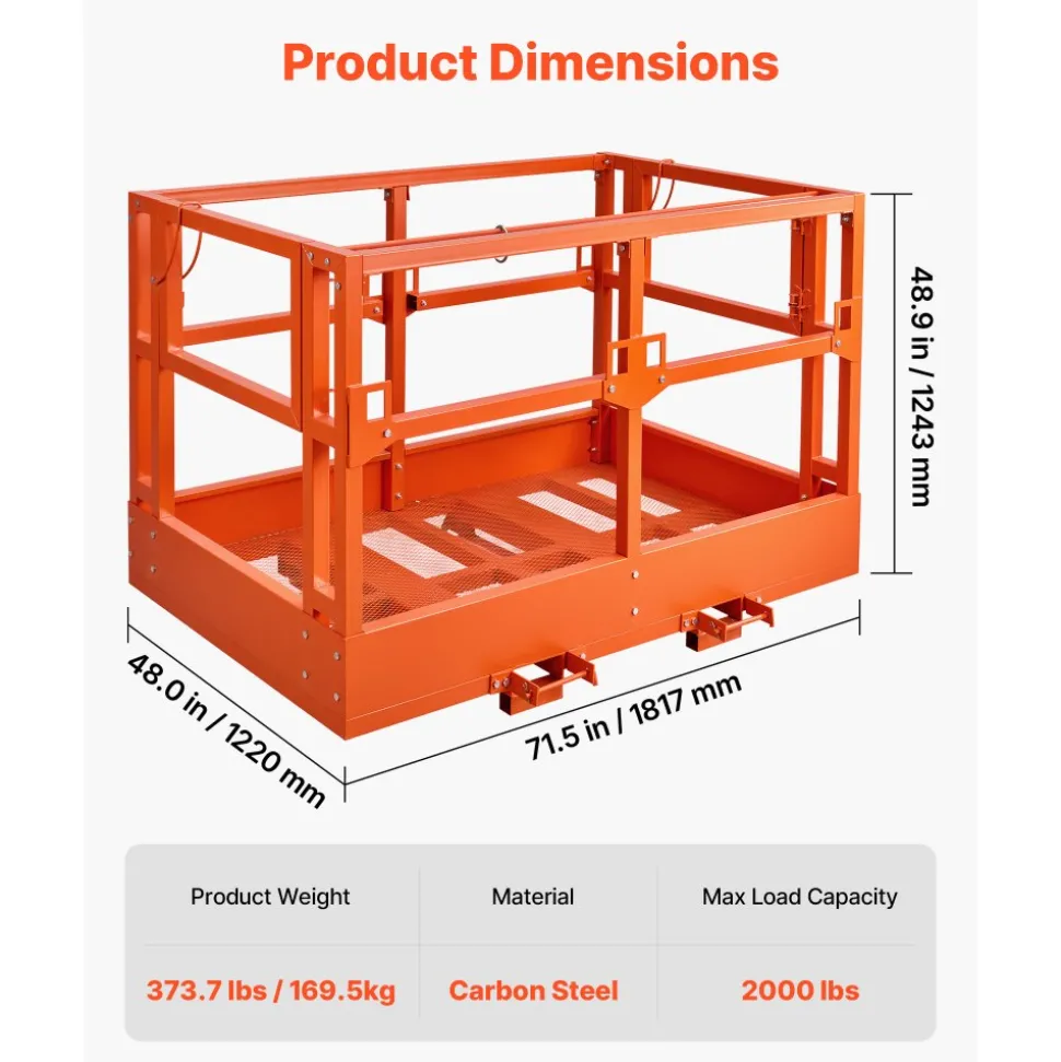 VEVOR Mesh Telehandler Work Platform, 48 x 73.9 Inch, Man Safety Basket, 2000 lbs Capacity, Forklift Telehandler Attachment, Safety Cage, Heavy Duty Carbon Steel, for Most Aerial Jobs Lifting Loader