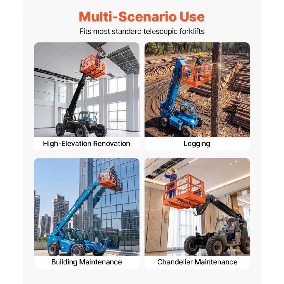 VEVOR Mesh Telehandler Work Platform, 48 x 73.9 Inch, Man Safety Basket, 2000 lbs Capacity, Forklift Telehandler Attachment, Safety Cage, Heavy Duty Carbon Steel, for Most Aerial Jobs Lifting Loader