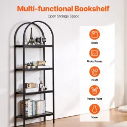 VEVOR Metal Bookshelf, 4-Tier Arched Industrial Bookshelf, Small Rustic Vintage Storage Bookcase with Open Shelves, Freestanding Display Shelving Unit Storage Rack, for Living room, Bedroom & Office