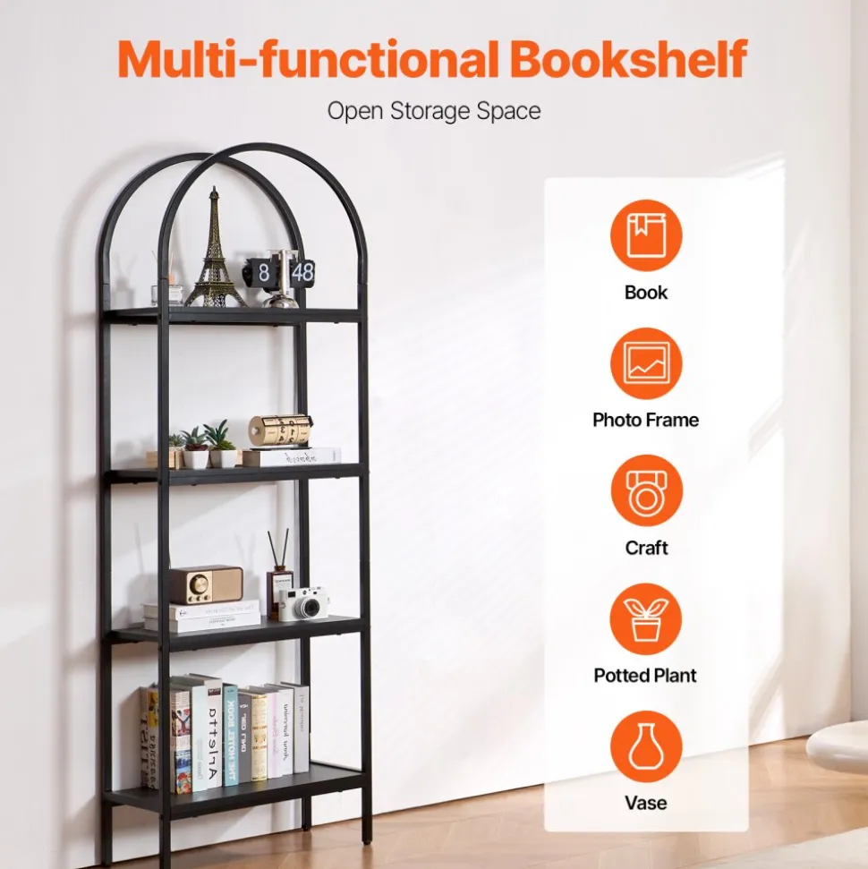 VEVOR Metal Bookshelf, 4-Tier Arched Industrial Bookshelf, Small Rustic Vintage Storage Bookcase with Open Shelves, Freestanding Display Shelving Unit Storage Rack, for Living room, Bedroom & Office