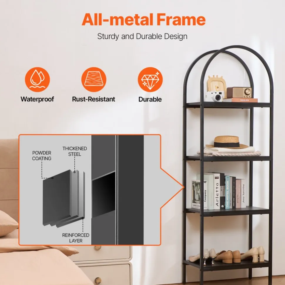 VEVOR Metal Bookshelf, 4-Tier Arched Industrial Bookshelf, Small Rustic Vintage Storage Bookcase with Open Shelves, Freestanding Display Shelving Unit Storage Rack, for Living room, Bedroom & Office