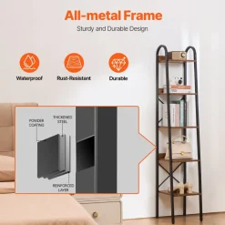 VEVOR Metal Bookshelf, 5-Tier Industrial Bookshelf, Tall Narrow Rustic Vintage Storage Bookcase with Open Shelves, Freestanding Display Shelving Unit Storage Rack, for Living room, Bedroom & Office