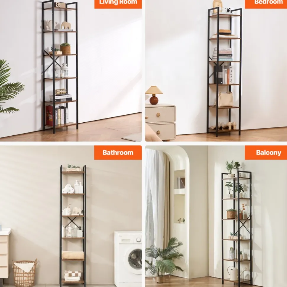 VEVOR Metal Bookshelf, 6-Tier Industrial Bookcase, Tall Narrow Rustic Vintage Storage Bookshelf with Open Shelves, Freestanding Display Shelving Unit Storage Rack, for Living room, Bedroom & Office