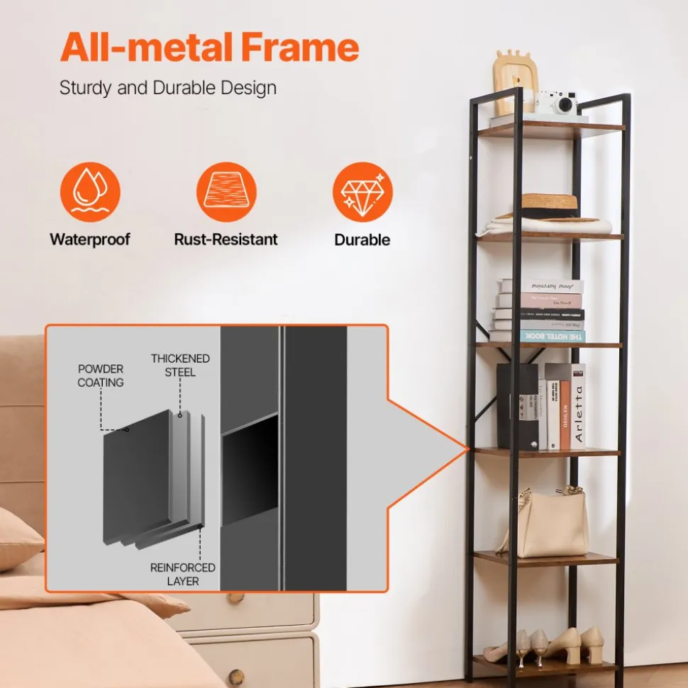 VEVOR Metal Bookshelf, 6-Tier Industrial Bookcase, Tall Narrow Rustic Vintage Storage Bookshelf with Open Shelves, Freestanding Display Shelving Unit Storage Rack, for Living room, Bedroom & Office