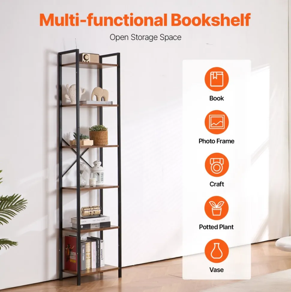 VEVOR Metal Bookshelf, 6-Tier Industrial Bookcase, Tall Narrow Rustic Vintage Storage Bookshelf with Open Shelves, Freestanding Display Shelving Unit Storage Rack, for Living room, Bedroom & Office
