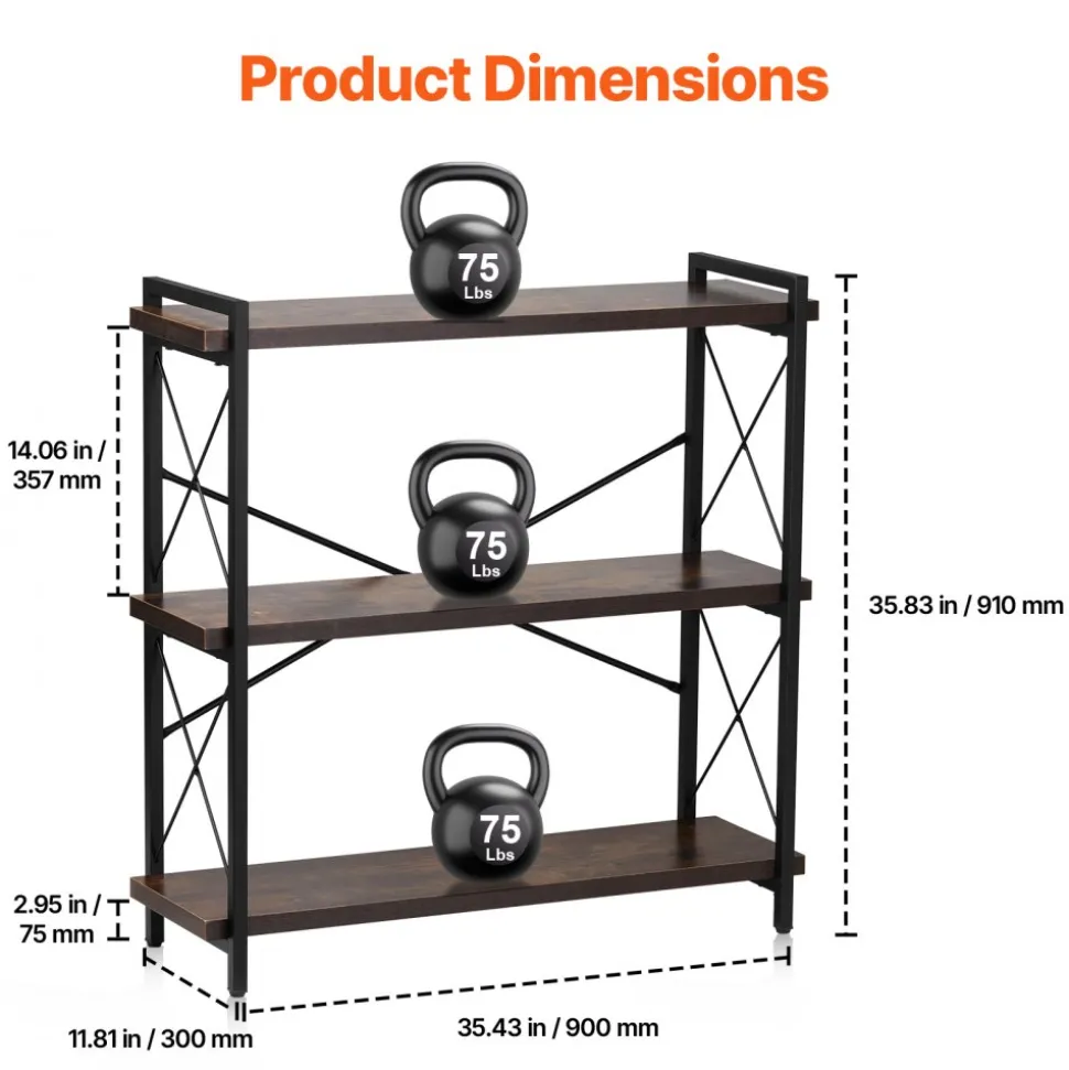 VEVOR Metal Bookshelf, 3-Tier Industrial Bookshelf, Small Rustic Storage Display Bookcase with Open Shelves, Freestanding Display Vintage Shelving Unit Storage Rack, for Living room, Bedroom & Office