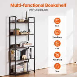 VEVOR Metal Bookshelf, 5-Tier Tall Industrial Bookshelf, Rustic Display Vintage Storage Bookcase with Open Shelves, Freestanding Display Shelving Unit Storage Rack, for Living room, Bedroom & Office