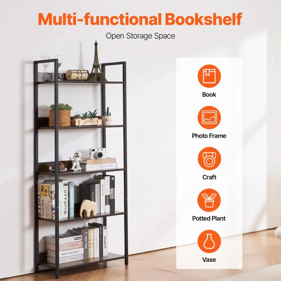 VEVOR Metal Bookshelf, 5-Tier Tall Industrial Bookshelf, Rustic Display Vintage Storage Bookcase with Open Shelves, Freestanding Display Shelving Unit Storage Rack, for Living room, Bedroom & Office