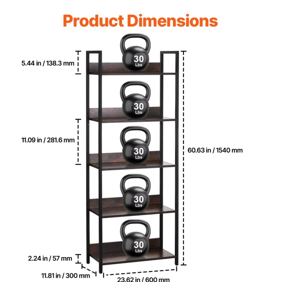 VEVOR Metal Bookshelf, 5-Tier Tall Industrial Bookshelf, Rustic Display Vintage Storage Bookcase with Open Shelves, Freestanding Display Shelving Unit Storage Rack, for Living room, Bedroom & Office