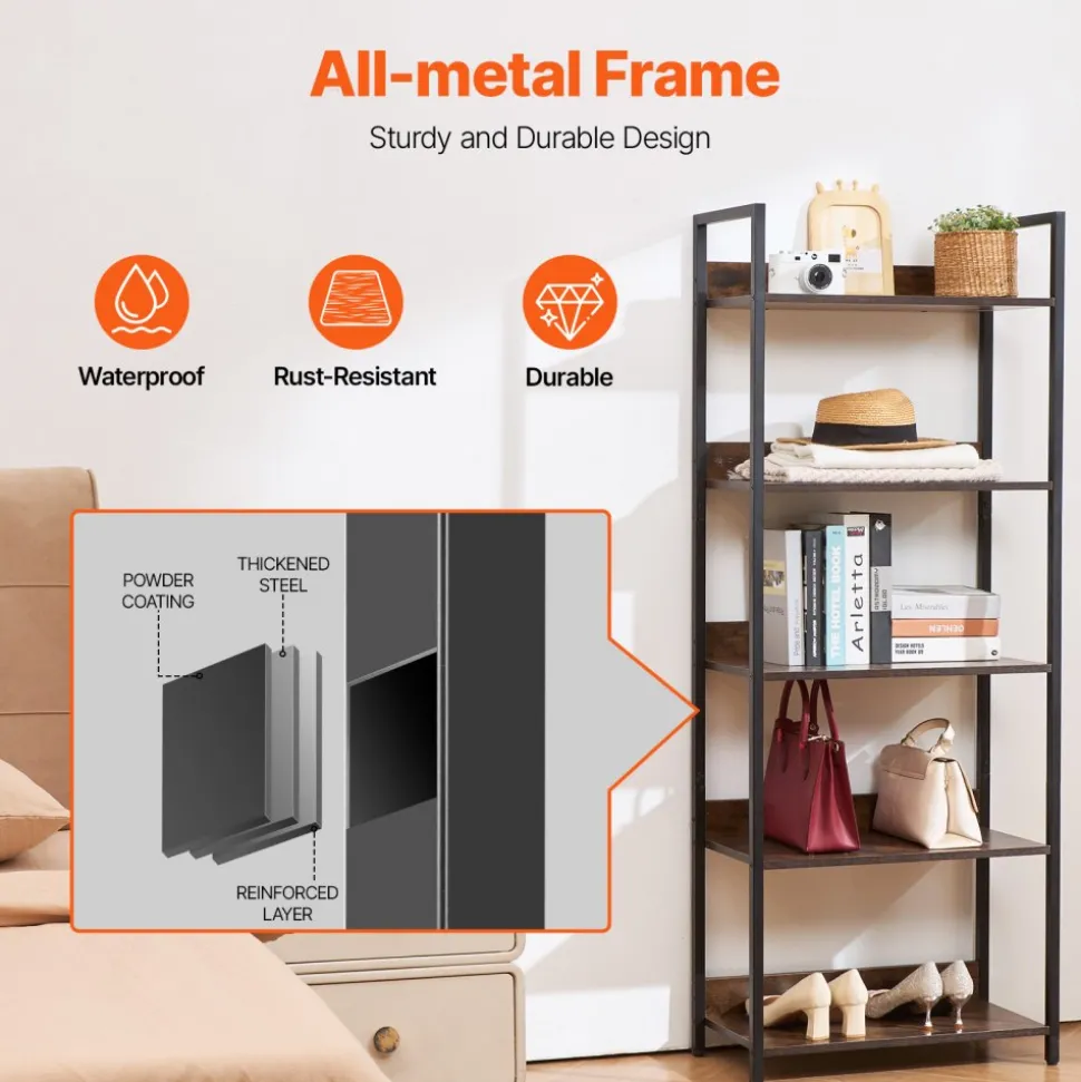 VEVOR Metal Bookshelf, 5-Tier Tall Industrial Bookshelf, Rustic Display Vintage Storage Bookcase with Open Shelves, Freestanding Display Shelving Unit Storage Rack, for Living room, Bedroom & Office