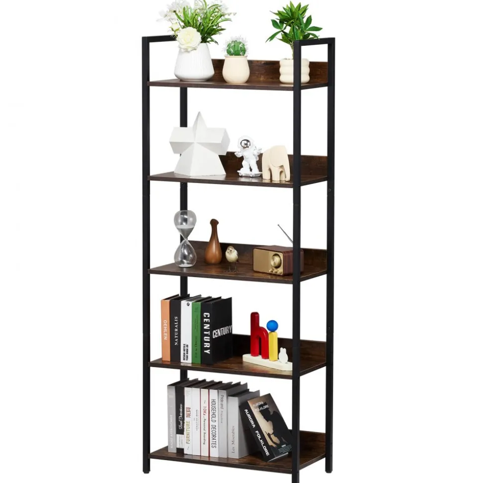 VEVOR Metal Bookshelf, 5-Tier Tall Industrial Bookshelf, Rustic Display Vintage Storage Bookcase with Open Shelves, Freestanding Display Shelving Unit Storage Rack, for Living room, Bedroom & Office