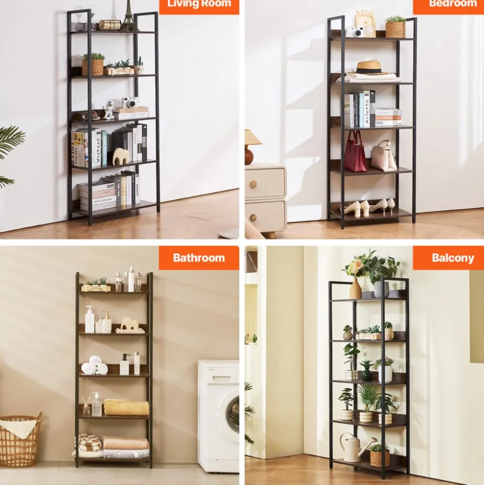 VEVOR Metal Bookshelf, 5-Tier Tall Industrial Bookshelf, Rustic Display Vintage Storage Bookcase with Open Shelves, Freestanding Display Shelving Unit Storage Rack, for Living room, Bedroom & Office