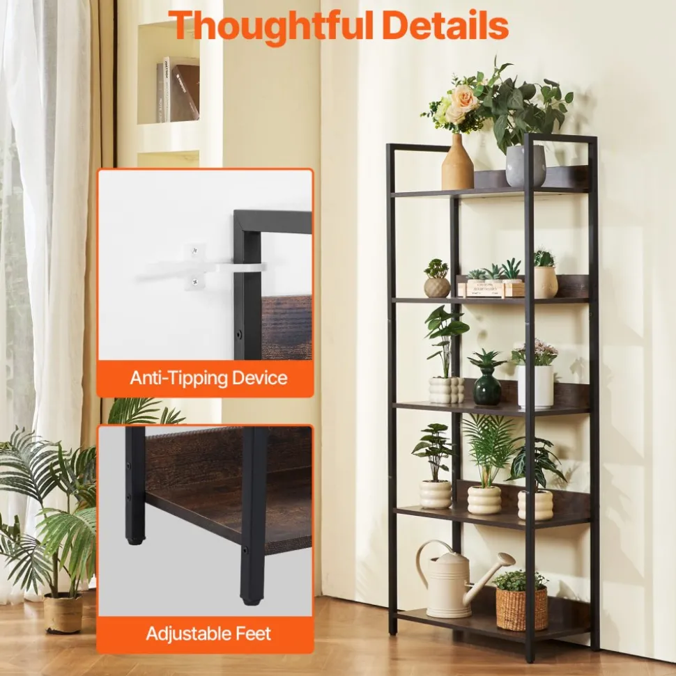 VEVOR Metal Bookshelf, 5-Tier Tall Industrial Bookshelf, Rustic Display Vintage Storage Bookcase with Open Shelves, Freestanding Display Shelving Unit Storage Rack, for Living room, Bedroom & Office
