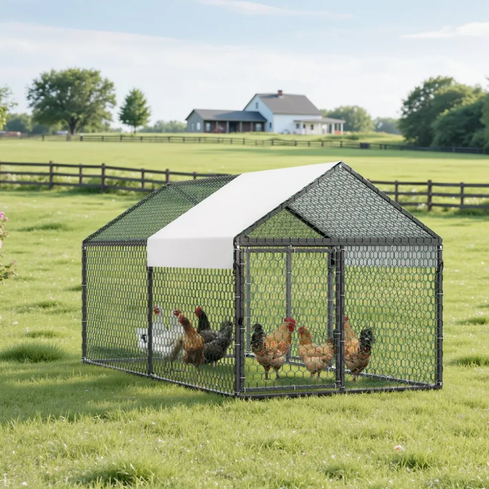 VEVOR Metal Chicken Coop for 4-6 Chickens, 3.3 x 6.6 x 3.3 ft, Small Chicken Cage with Waterproof Cover & Double Doors, Spire Roof Poultry Run Compatible with Wooden Coops, for Rabbit Hen Goose Duck