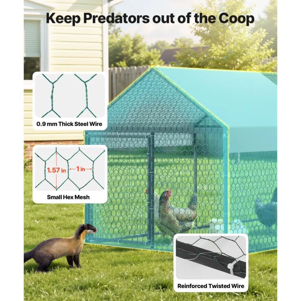 VEVOR Metal Chicken Coop for 4-6 Chickens, 3.3 x 6.6 x 3.3 ft, Small Chicken Cage with Waterproof Cover & Double Doors, Spire Roof Poultry Run Compatible with Wooden Coops, for Rabbit Hen Goose Duck