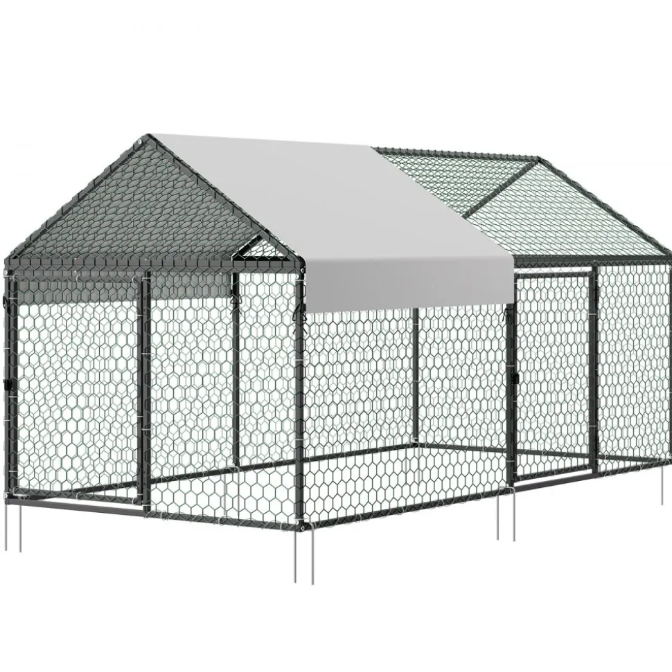VEVOR Metal Chicken Coop for 4-6 Chickens, 3.3 x 6.6 x 3.3 ft, Small Chicken Cage with Waterproof Cover & Double Doors, Spire Roof Poultry Run Compatible with Wooden Coops, for Rabbit Hen Goose Duck