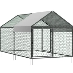 VEVOR Metal Chicken Coop for 4-6 Chickens, 3.3 x 6.6 x 3.3 ft, Small Chicken Cage with Waterproof Cover & Double Doors, Spire Roof Poultry Run Compatible with Wooden Coops, for Rabbit Hen Goose Duck