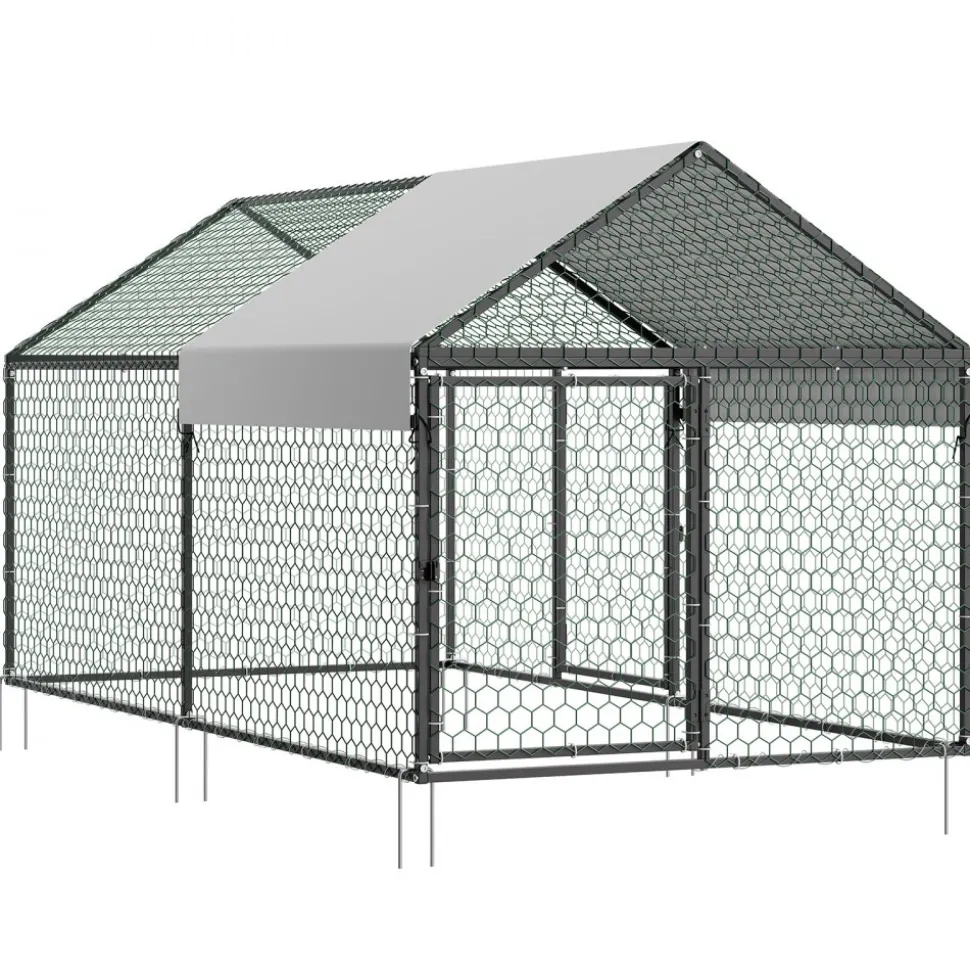 VEVOR Metal Chicken Coop for 4-6 Chickens, 3.3 x 6.6 x 3.3 ft, Small Chicken Cage with Waterproof Cover & Double Doors, Spire Roof Poultry Run Compatible with Wooden Coops, for Rabbit Hen Goose Duck