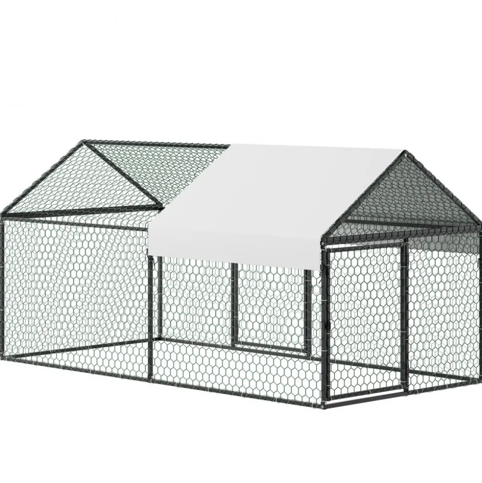 VEVOR Metal Chicken Coop for 4-6 Chickens, 3.3 x 6.6 x 3.3 ft, Small Chicken Cage with Waterproof Cover & Double Doors, Spire Roof Poultry Run Compatible with Wooden Coops, for Rabbit Hen Goose Duck