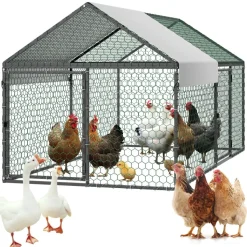 VEVOR Metal Chicken Coop for 4-6 Chickens, 3.3 x 6.6 x 3.3 ft, Small Chicken Cage with Waterproof Cover & Double Doors, Spire Roof Poultry Run Compatible with Wooden Coops, for Rabbit Hen Goose Duck